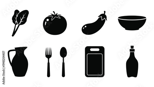 Collection of kitchen utensils, food and drink icons in black silhouette on white background for culinary and recipe themes