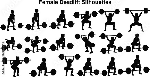 Female deadlift and barbell squat workout silhouettes set with woman weightlifting strength training poses isolated on white background for gym fitness and sport design