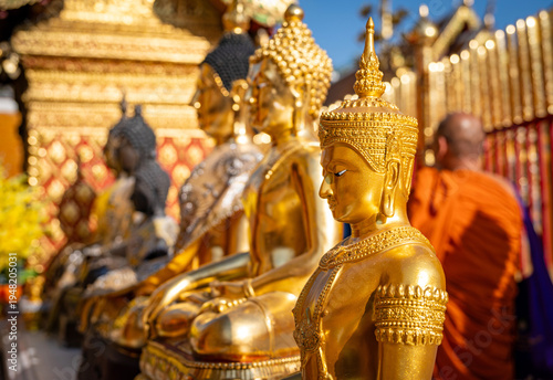 Chiang Mai, Thailand – Golden Buddha statues at Wat Phra That Doi Suthep Temple, the most famous temple in Chiang Mai.