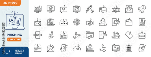 Phishing icon set. Contain icons related to phishing, scam, thief, cybercrime, password hacking, money theft, data leakage, and more. Editable stroke. Vector illustration