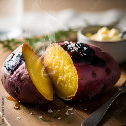 Roasted Sweet Potato Cut Open on Wooden Board with Salt and Butter