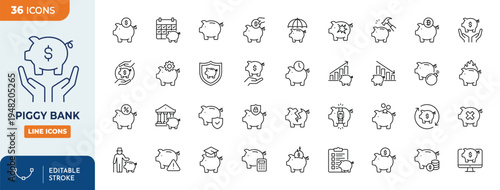 Piggy bank icon set. Outline icons collection. Editable stroke. Vector illustration