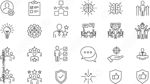 Business leadership icons, teamwork symbols, communication, growth, idea, goal, success, recognition, vector set, outline style, minimal, editable, scalablBusiness leadership icons, teamwork 