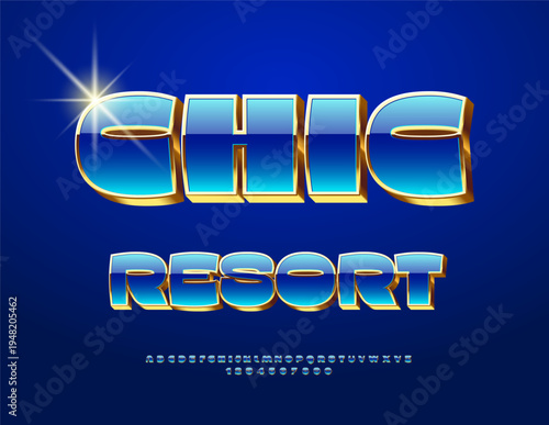 Vector Luxury Advertisement Chic Resort. Fashion Blue and Golden 3D Font. Trendy Exclusive Alphabet Artistic Letters and Numbers set.