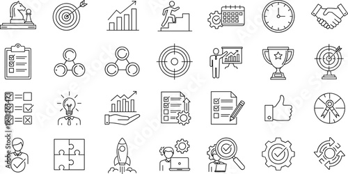 Business strategy icons, productivity symbols, goal setting, planning, checklist, innovation, growth, approval, navigation, teamwork, rocke