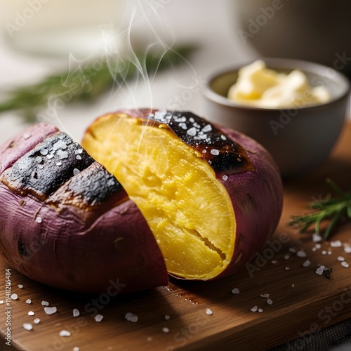 Roasted Sweet Potato Cut in Half on Wooden Board with Melted Butter and Coarse Salt