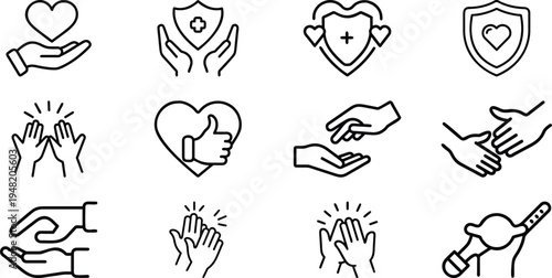 Black line of hands and hearts and shields