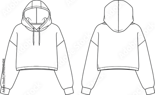 Women’s cropped hoodie technical flat sketch, front and back views, vector fashion garment illustration for apparel manufacturing reference – flavector