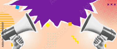  Double Megaphone Announcement - Pop Art Memphis Style Banner with Geometric Shapes and Halftone Patterns
