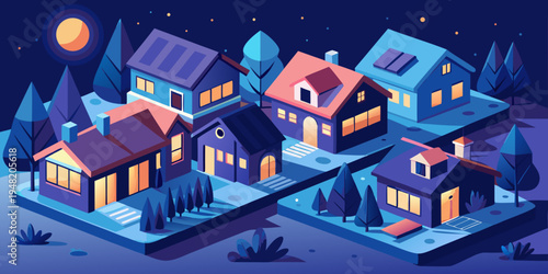 Tilt shift photography showcasing miniature houses at night, representing a peaceful residential area
