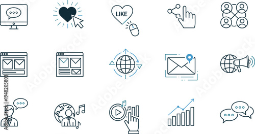 Digital communication icons, social media, messaging, sharing, email, global, interaction, analytics, media, scalable, outline, editable, minimal