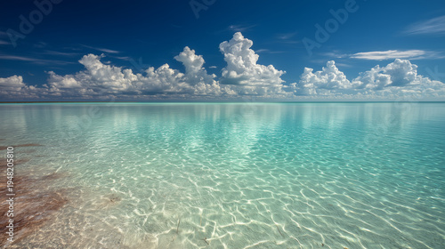 Serene beach scenery crystal clear water under the blue sky with clouds reflection