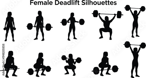 Female deadlift and weightlifting exercise silhouettes set, woman strength training poses with barbell squat, clean and press workout collection isolated on white background