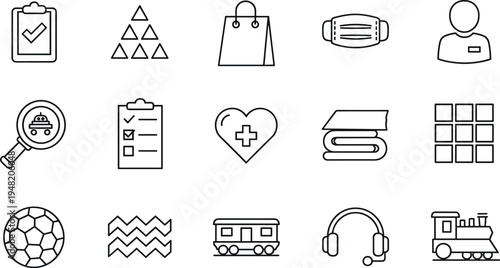 Minimal line icons set, business, healthcare, education, shopping, transport, sports, technology, CAD drawing flat vector illustration