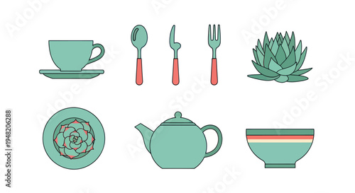 Green teacup cutlery plant flat design