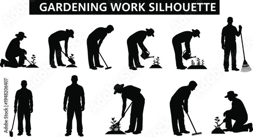 Gardening work silhouette set with gardeners planting, watering, digging and raking plants, outdoor garden maintenance workers collection isolated on white background for landscaping design