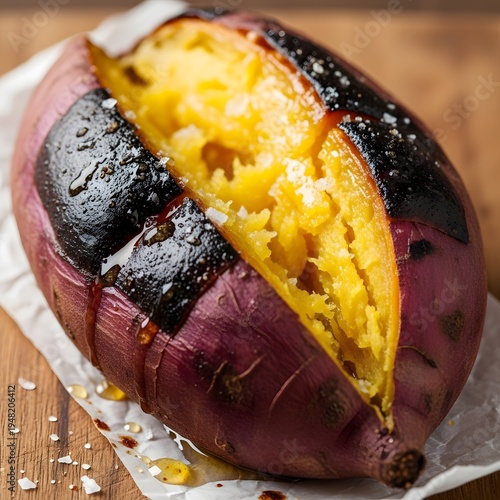 Roasted Sweet Potato Cut Open on Wooden Table with Caramelized Exterior and Fluffy Yellow Interior