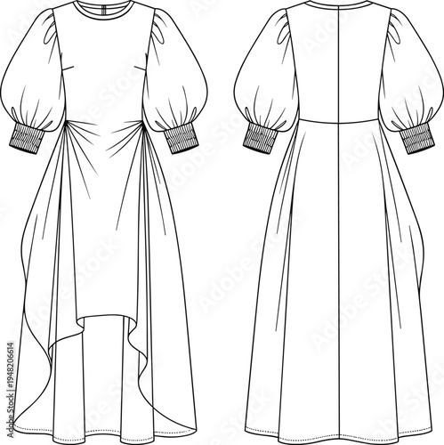 Women’s puff sleeve dress fashion sketch, front and back view illustration, asymmetrical hemline, fitted bodice, garment construction design drawing