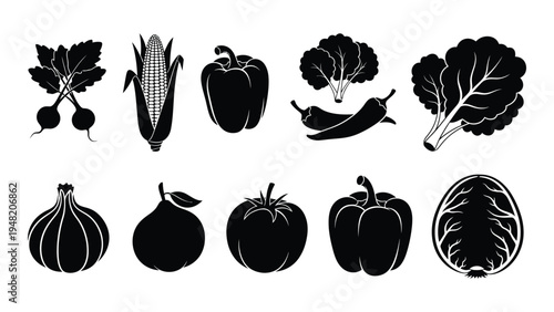 A collection of various vegetable and fruit silhouettes in black on a white background for healthy eating and nutrition concepts