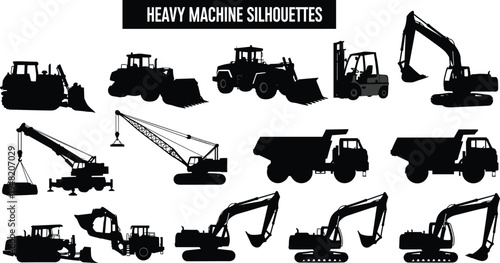 Heavy construction machine silhouettes set with excavator, bulldozer, crane, loader and dump truck equipment isolated on white background for industrial construction and engineering design