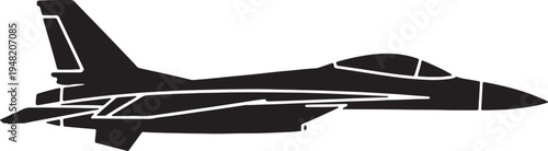 Black silhouette of a modern fighter jet airplane with white accents also transparent background aircraft