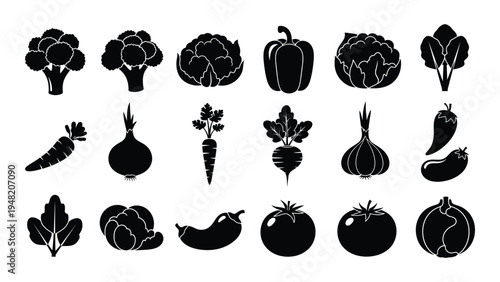 A comprehensive collection of vegetable silhouettes for design and educational purposes featuring various types of produce
