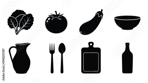 Black silhouette icons of kitchen utensils and fresh vegetables on white background for cooking and recipe illustrations