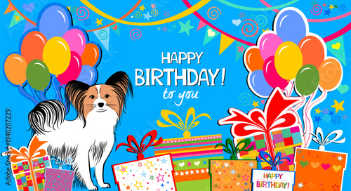 Happy Birthday Banner. Greeting card. Celebration blue background with colorful gift boxes, Balloons, dog, flags and place for your text. Horizontal banner. Greeting, invitation card or flyer. Vector