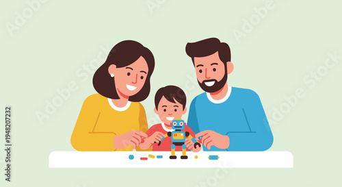 Family playing with toy blocks together.