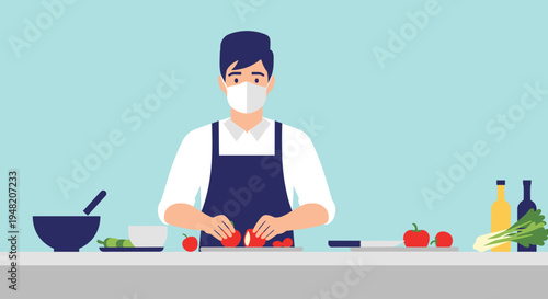 Man wearing face mask in kitchen.