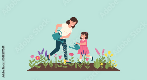 Woman and little girl watering plants.