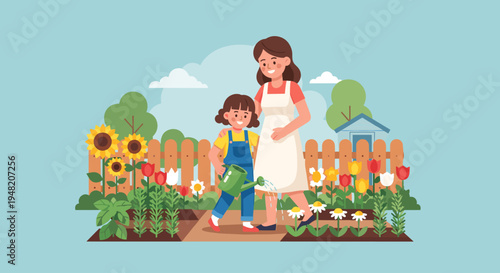 Woman and child in garden together.