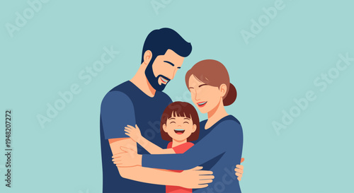 Family with little child hugging.