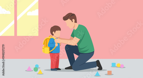 Father helping son with backpack.