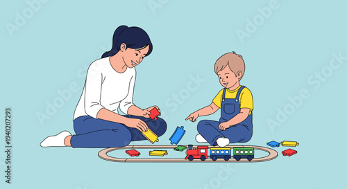 Woman and toddler playing with trains.