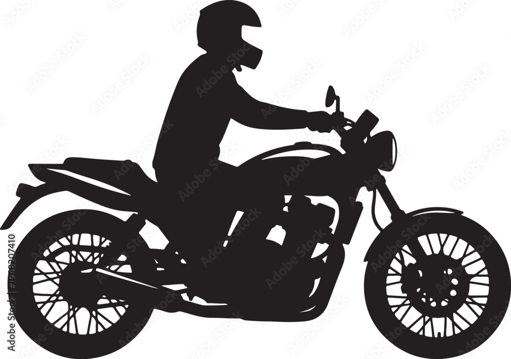 Fototapeta premium Black silhouette of a person wearing a helmet riding a motorcycle also transparent background rider black and white