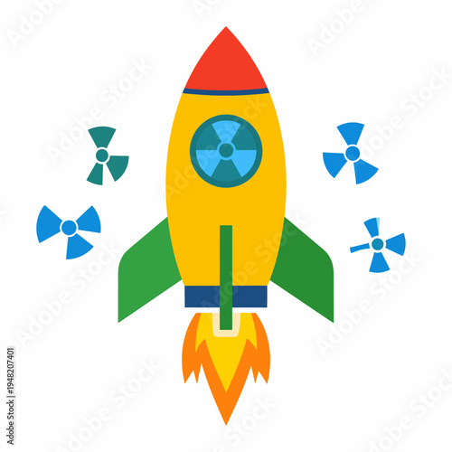Playful cartoon rocket ship blasting upward with bright yellow body, red nose, blue band, green fin, orange flame, starburst emblem and blue propeller details, shown from a frontal view on a backdrop