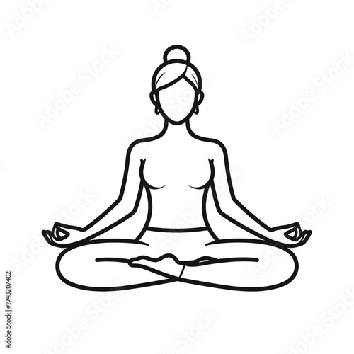 A tranquil illustration of a woman practicing meditation in lotus pose, captured as a minimalist black-line silhouette on a plain white canvas, viewed from a frontal perspective