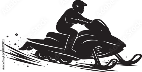 Black silhouette of a person riding a snowmobile with snow spray and dots also transparent background