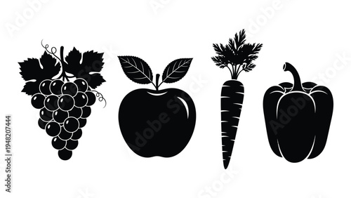 A black and white illustration of a variety of fresh fruits and vegetables, including grapes, an apple, a carrot, and a bell pepper, arranged in a row on a white background.