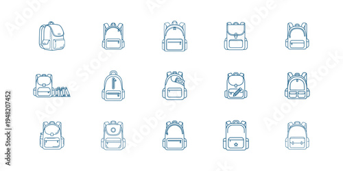  Set of minimalist school backpack icons in thin line style, education and travel bag vector illustrations