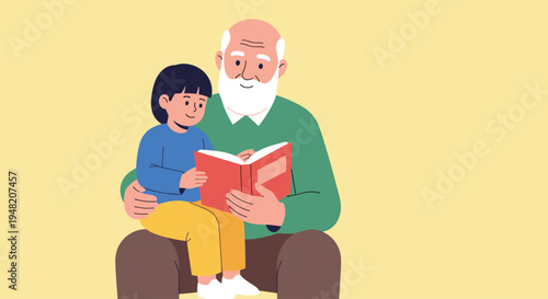 Elderly man reading to little boy.