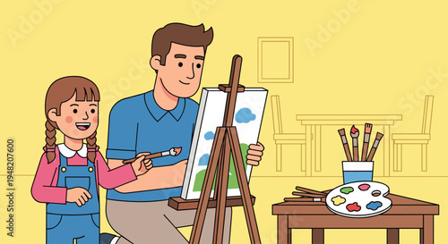 Man and girl painting on canvas.