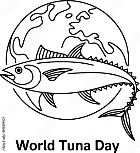 A minimalist black and white line art illustration representing the global celebration of tuna day Vector, illustration