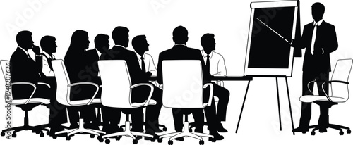 Business meeting presentation silhouette, corporate team discussion in conference room with manager pointing at flip chart board during training session