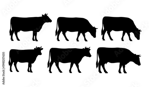 Dairy Cow Silhouette Set Side View Farm Animal Vector Illustration