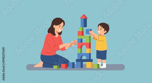 Woman and child building blocks together.