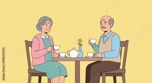 Elderly couple having tea together.