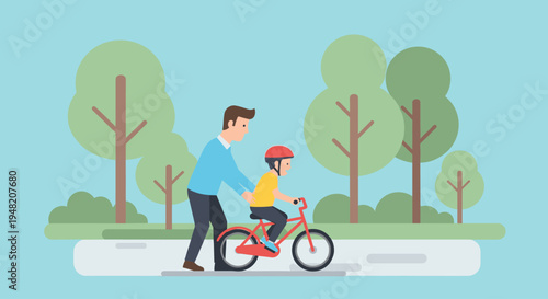 Man helping child ride bicycle.