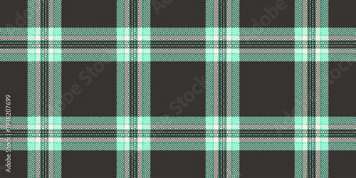Traditional seamless check textile, printout fabric pattern vector. Postcard tartan texture background plaid in dark and mint colors.